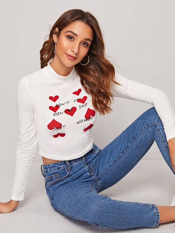 

Slogan & Heart Print Mock-neck Crop Tee, White, Gabi B