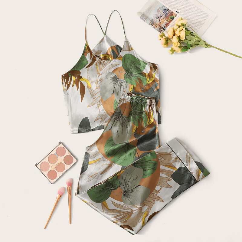 

Leaf Print Satin PJ Set, Multicolor