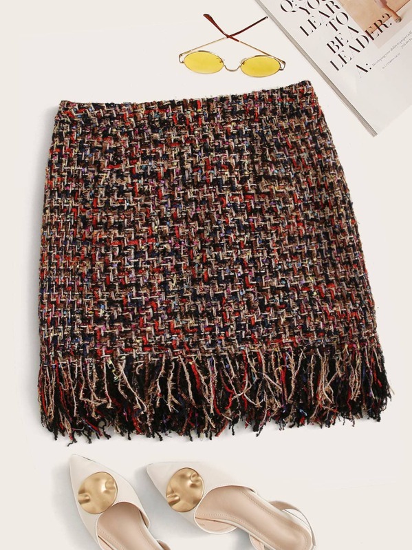 

Zipper Side Raw Hem Tweed Skirt, Multicolor