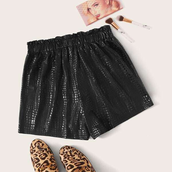 

Elastic Waist Crocodile Print Shorts, Black
