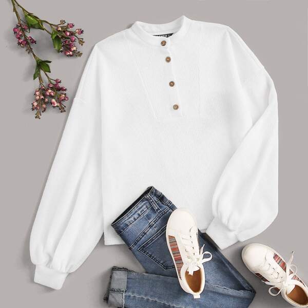 

Buttoned Half Placket Lantern Sleeve Pullover, White