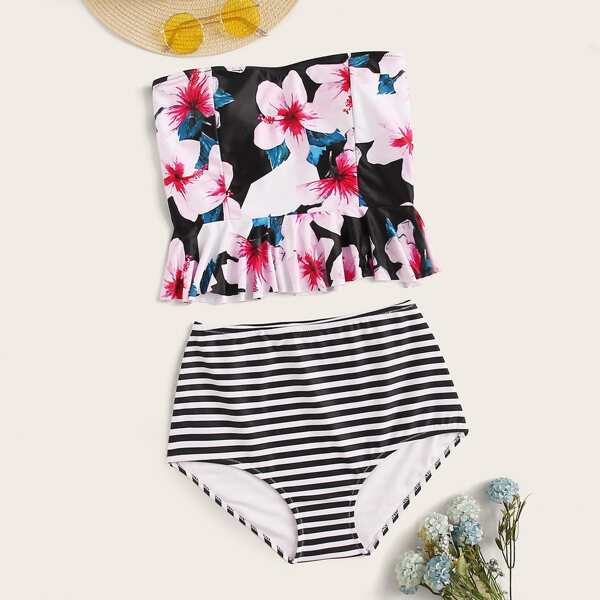 

Floral Random Print Top With Striped High Waist Tankini, Multicolor