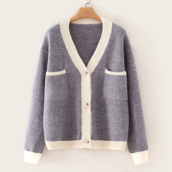 

Contrast Panel Dual Pockets Button Up Cardigan, Grey