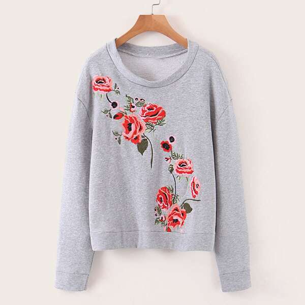 

Floral Embroidery Drop Shoulder Sweatshirt, Grey