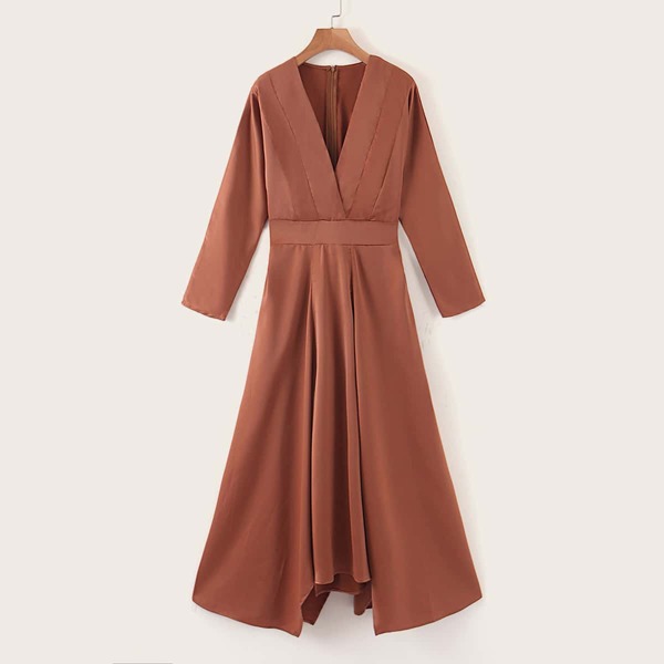 

V-Neck Shirred Asymmetrical Hem A-line Dress, Brown