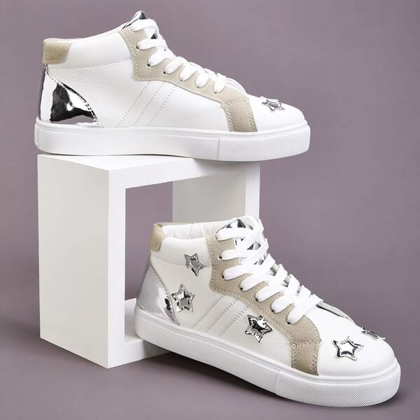 

Metallic Star Patch Decor High Top Sneakers, White