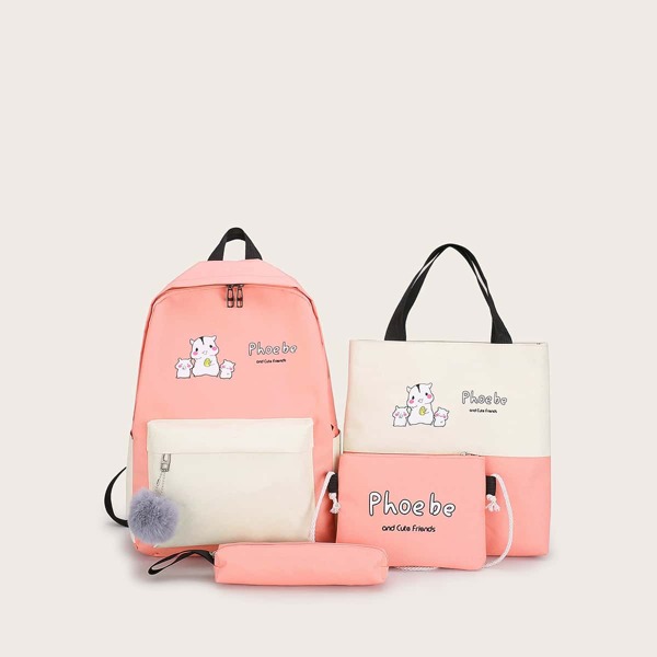 

4pcs Color Block Cartoon Graphic Backpack With Pencil Case, Multicolor