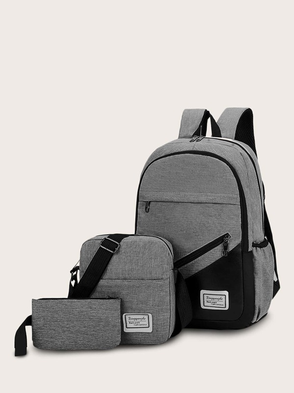 

3pcs Color Block Backpack With Clutch Bag, Grey