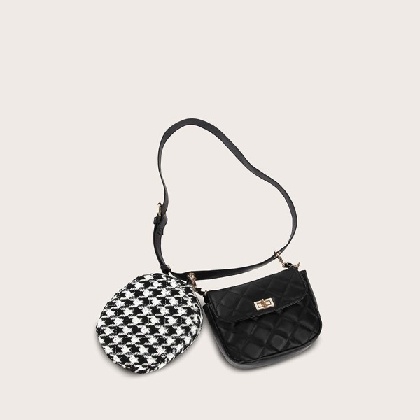

2pcs Twist Lock Quilted Fanny Pack With Houndstooth Bag, Black