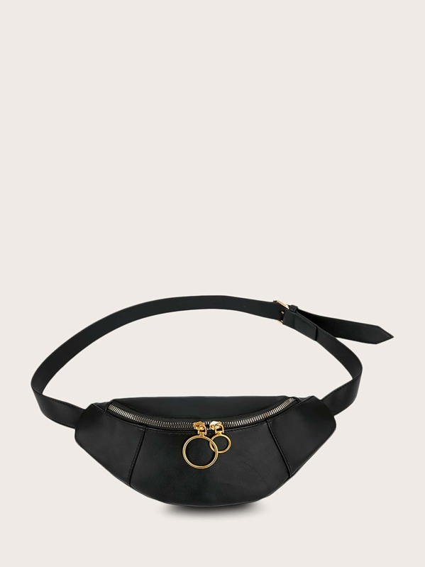 

Zip Front Ring Detail Fanny Pack, Black
