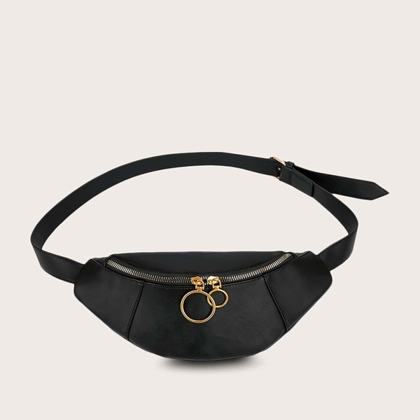 

Zip Front Ring Detail Fanny Pack, Black