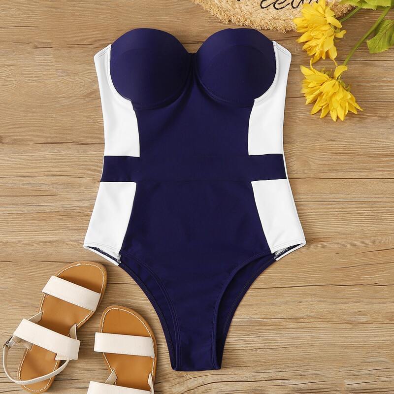 

Colorblock One Piece Swimwear With Detachable Strap, Navy