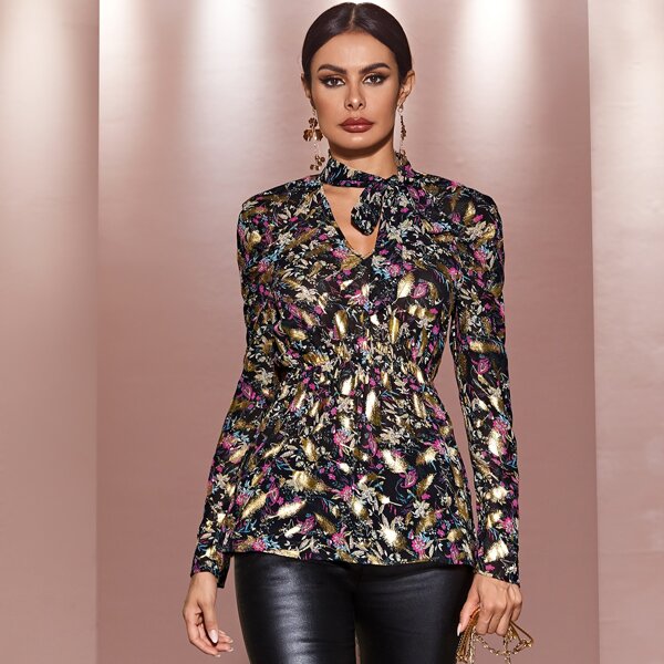 

Tie Neck Floral & Gold Feather Print Peplum Top, Multicolor