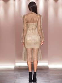 SHEIN Unity Tie Neck Polka Dot Mesh Overlay 2 In 1 Dress Without Belt - Apricot - View 2