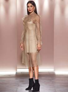 SHEIN Unity Tie Neck Polka Dot Mesh Overlay 2 In 1 Dress Without Belt - Apricot - View 4