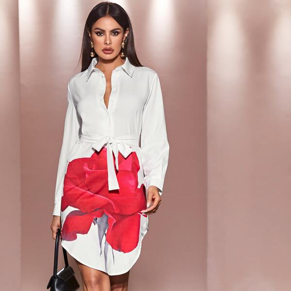 

Floral Print Asymmetrical Hem Belted Shirt Dress, White