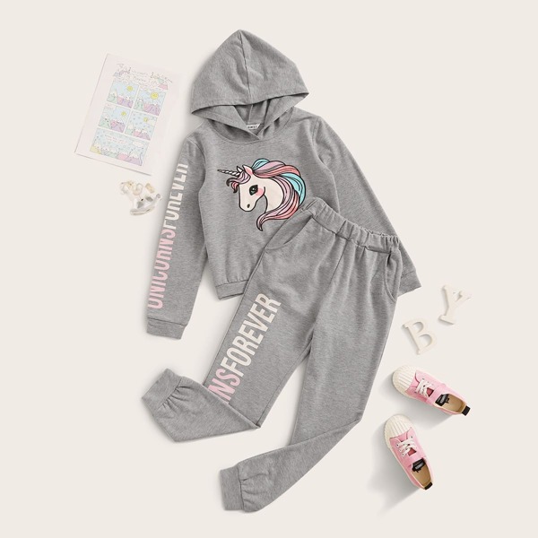 

Girls Unicorn and Slogan Graphic Hoodie & Pants Set, Grey