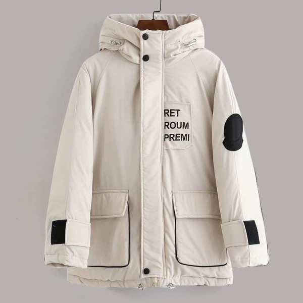 

Contrast Panel Letter Graphic Hooded Puffer Coat, Beige