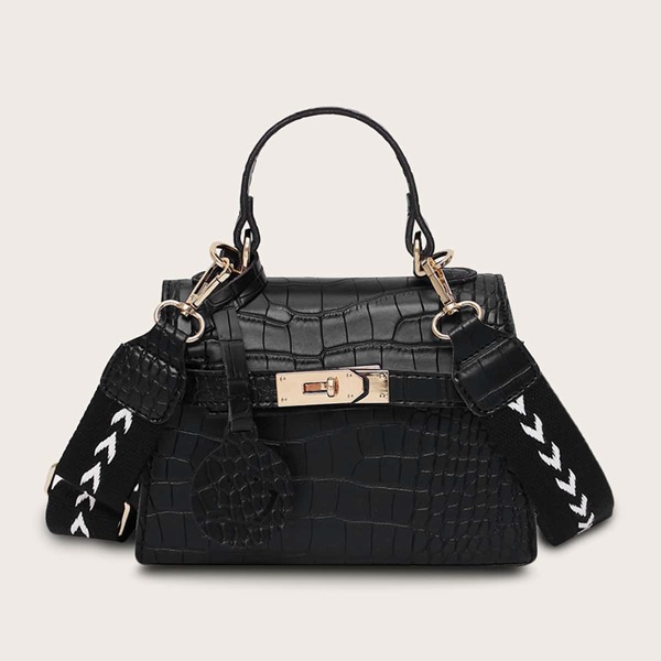 

Twist Lock Croc Embossed Satchel Bag, Black
