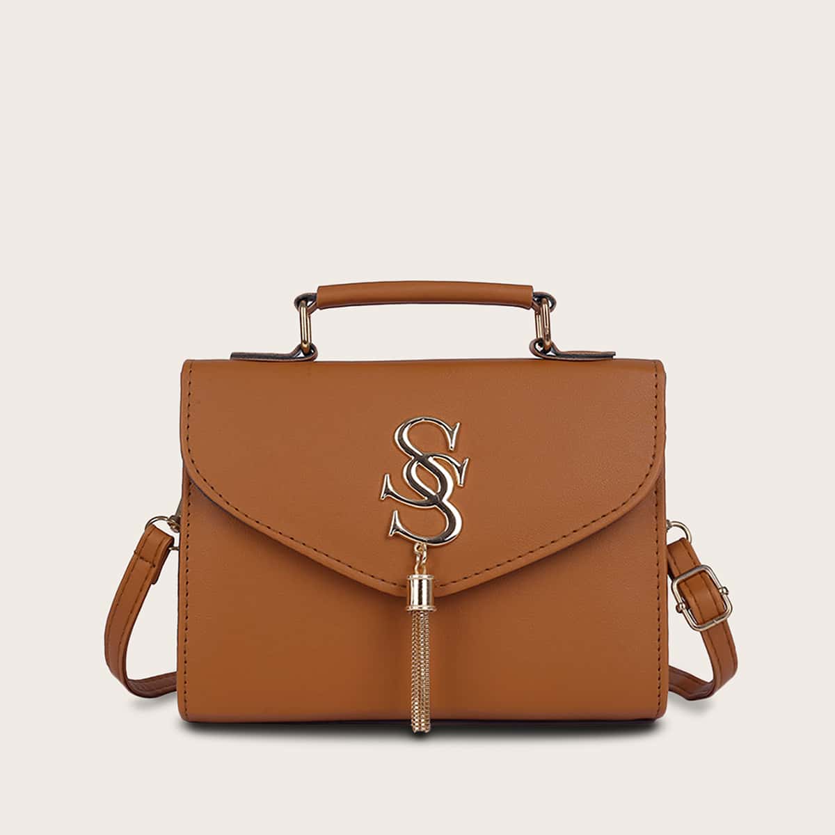 

Metal Tassel Decor Satchel Bag, Brown