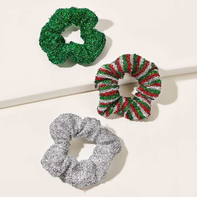 

3pcs Glitter Striped Scrunchie, Multicolor
