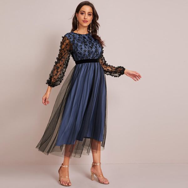 

3D Appliques Mesh Overlay Dress, Multicolor