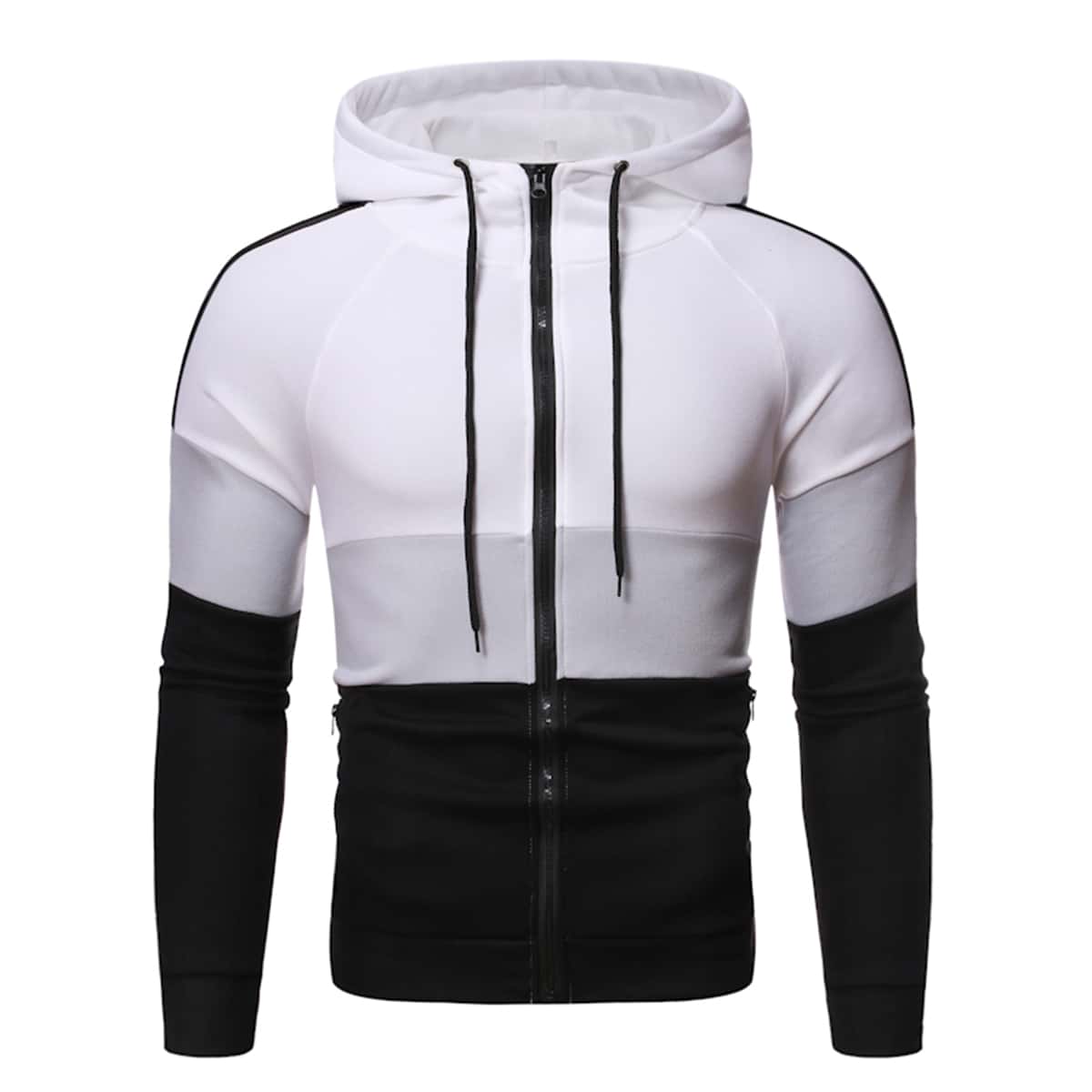 

Guys Cut And Sew Zip Up Drawstring Hoodie, Black and white