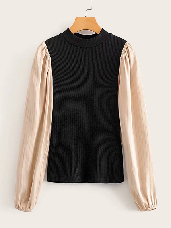 

Contrast Sleeve Mock Neck Rib-knit Tee, Multicolor