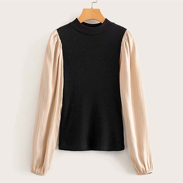 

Contrast Sleeve Mock Neck Rib-knit Tee, Multicolor
