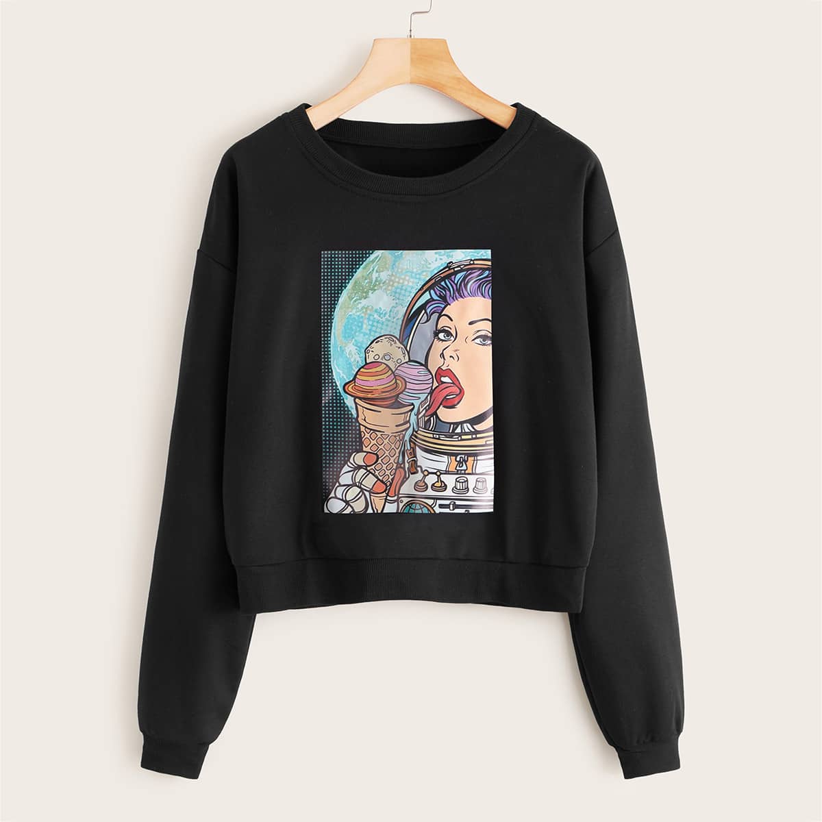 

Cartoon Print Drop Shoulder Sweatshirt, Black