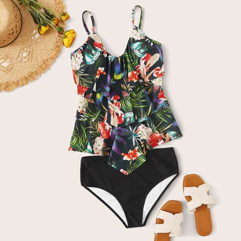 

Tropical Tiered Layer Top With High Waist Tankini, Multicolor