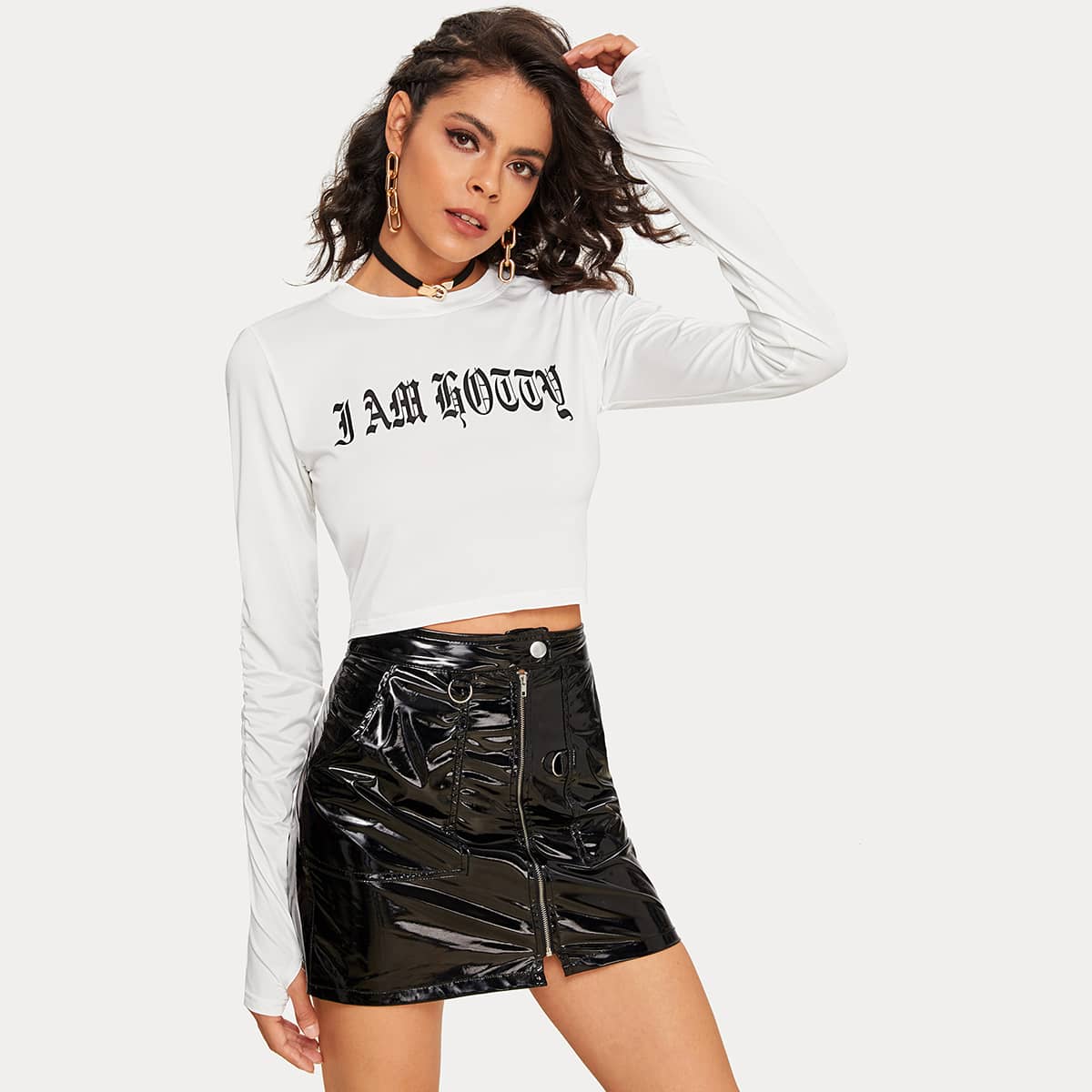 

Letter Graphic Long Sleeve Crop Tee, White