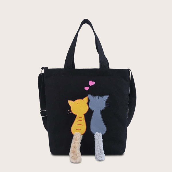 

Girls Cat Graphic Canvas Tote Bag, Black