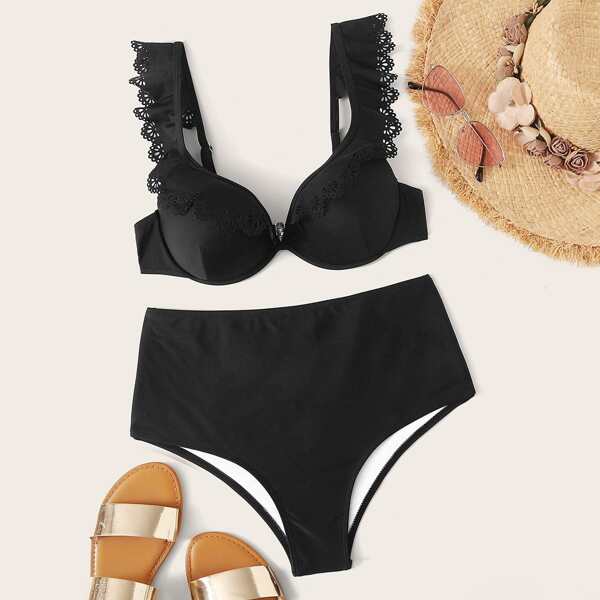

Hollow Out Hem Underwire Top With High Waist Bikini, Black