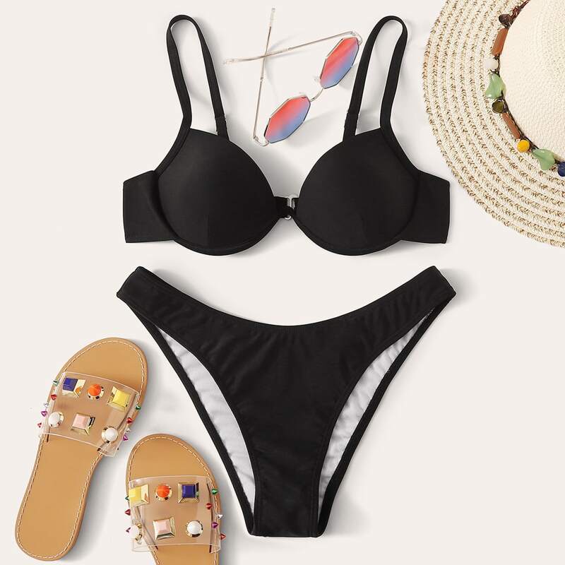 

Underwire Top With High Cut Bikini Set, Black