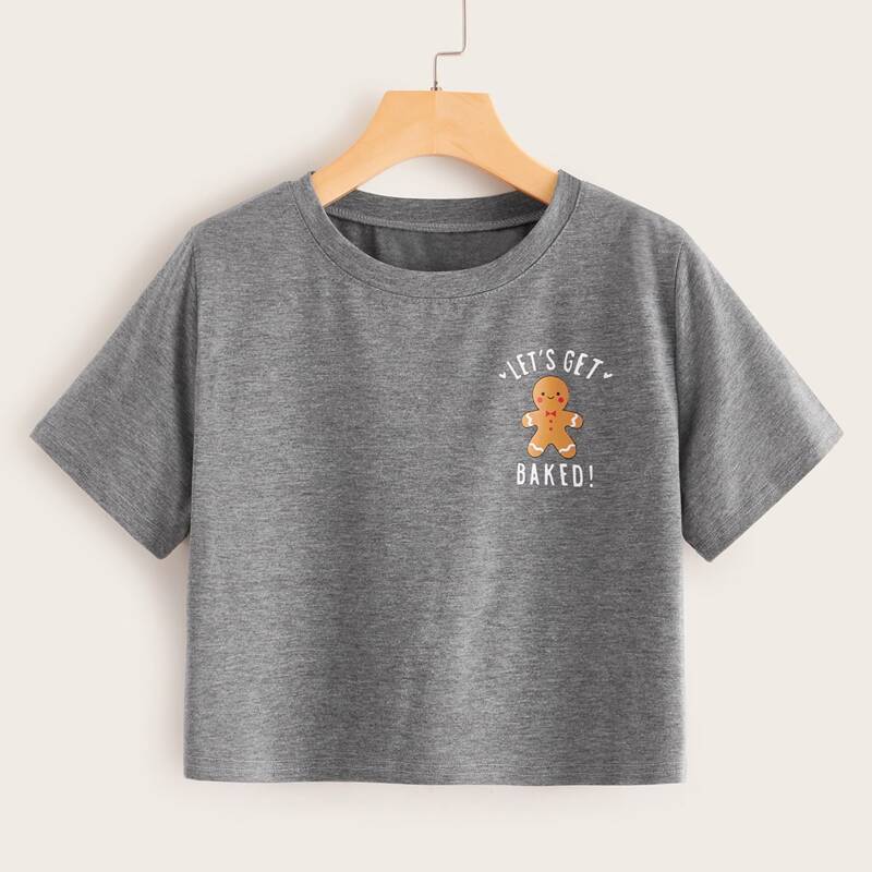 

Christmas Gingerbread Print Crop Tee, Grey