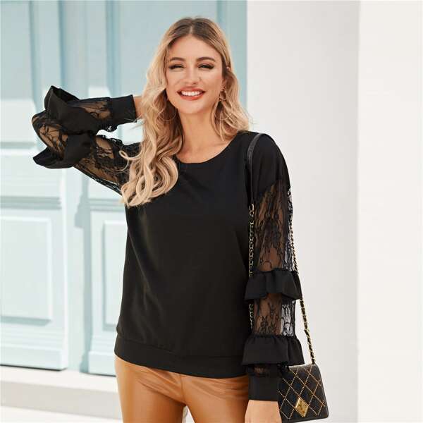 

Contrast Lace Ruffle Trim Sweatshirt, Black