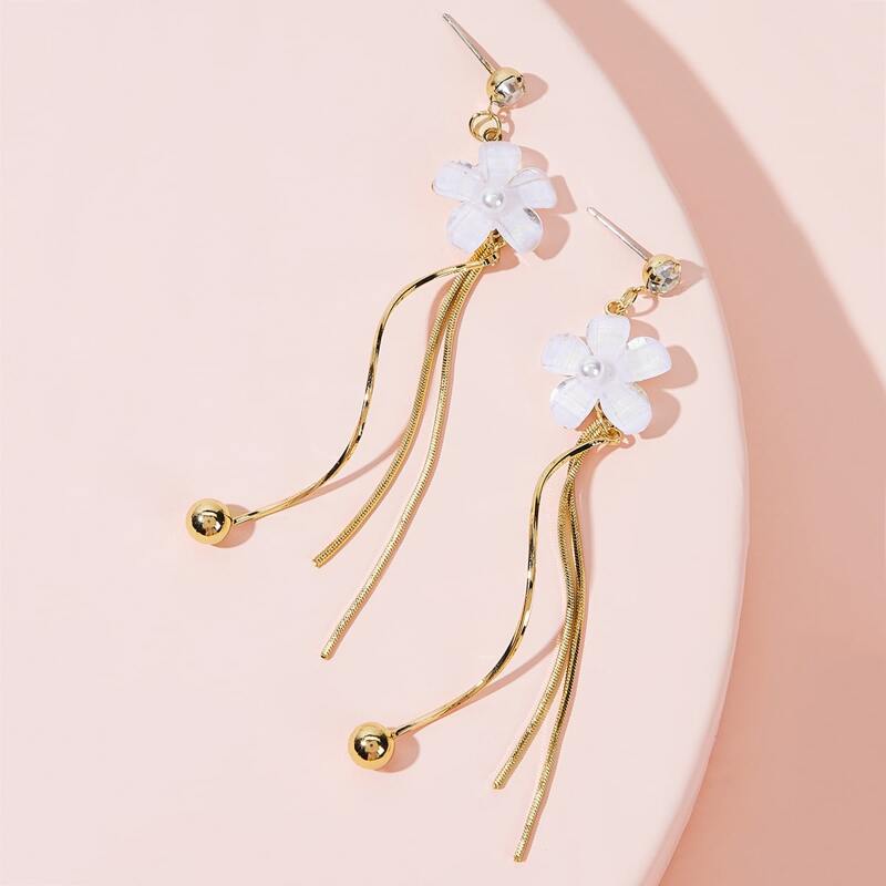 

1pair Flower Decor Tassel Earrings, Gold