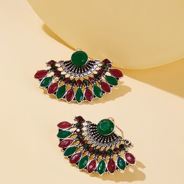 

1pair Rhinestone Engraved Fan Stud Earrings, Multicolor
