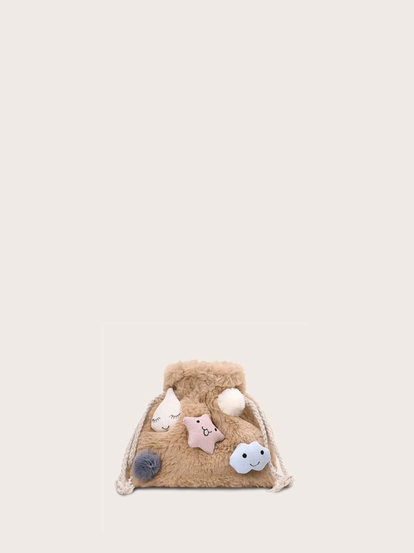 

Girls Star Decor Fluffy Drawstring Crossbody Bag, Khaki