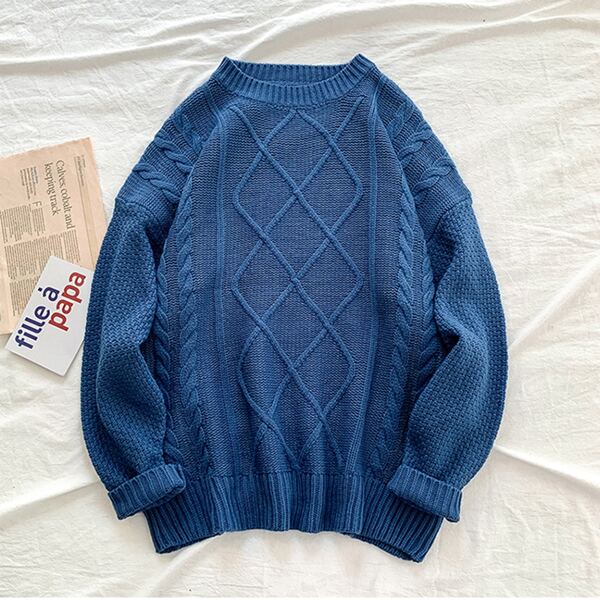 

Men Drop Shoulder Cable Knit Sweater, Blue