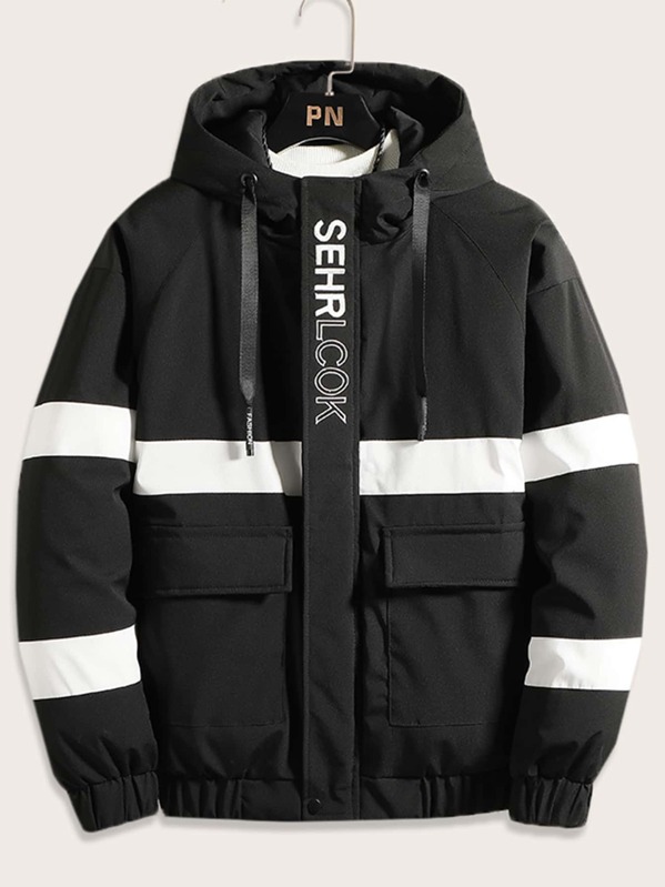 

Men Flap Pocket Letter Graphic Hooded Coat, Black