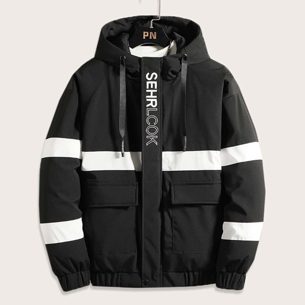 

Men Flap Pocket Letter Graphic Hooded Coat, Black