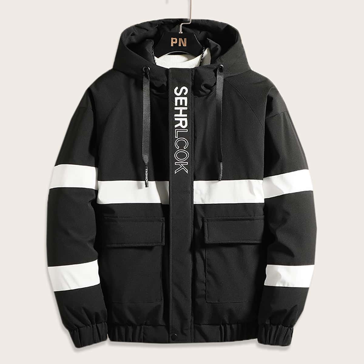 

Guys Flap Pocket Letter Graphic Hooded Coat, Black