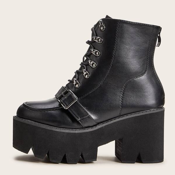 

Buckle Decor Zip Back Platform Chunky Boots, Black