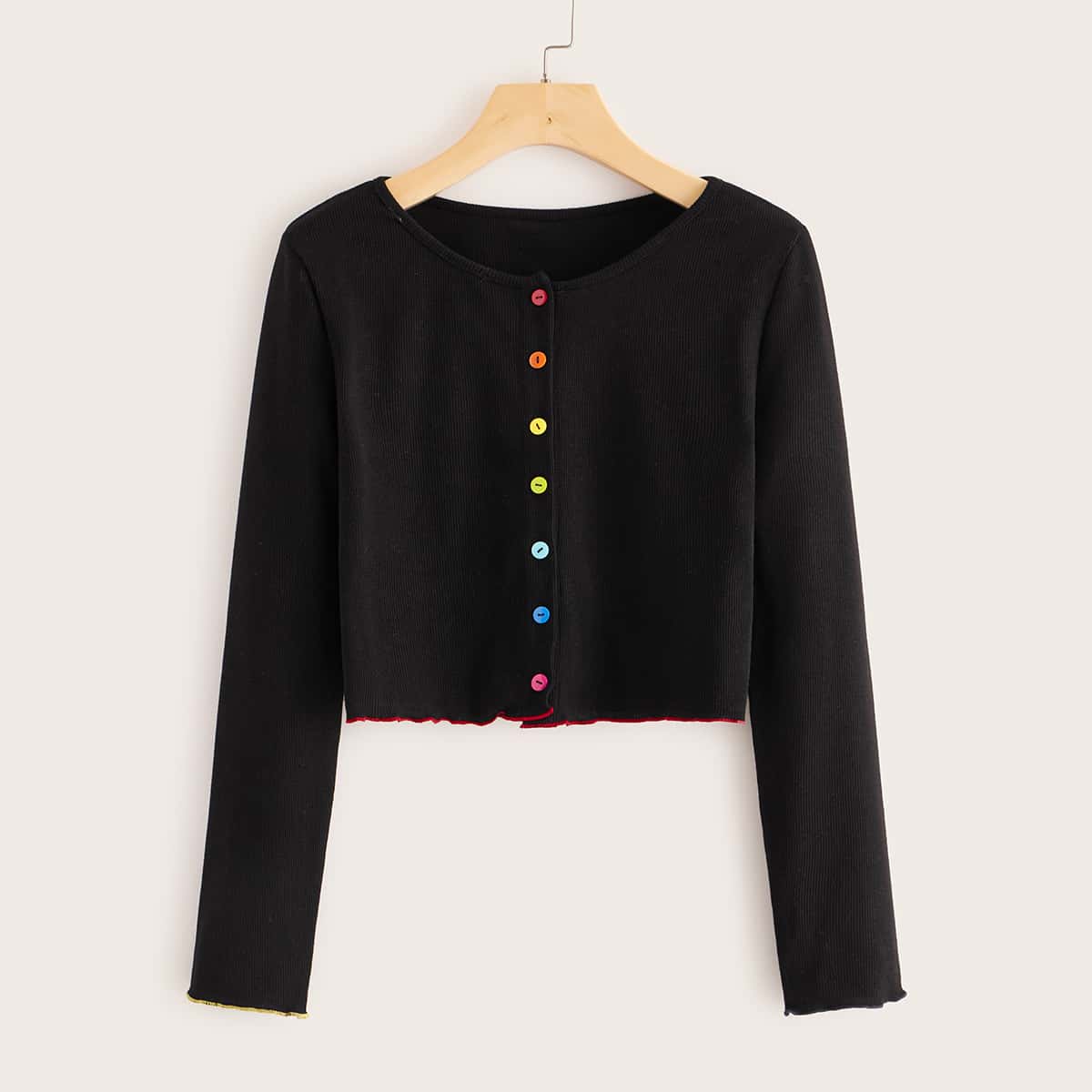 

Colorful Button Lettuce Trim Tee, Black