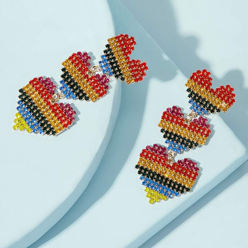 

1pair Rhinestone Engraved Layered Heart Earrings, Multicolor