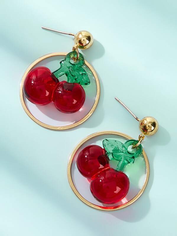 

1pair Cherry Decor Hoop Drop Earrings, Multicolor