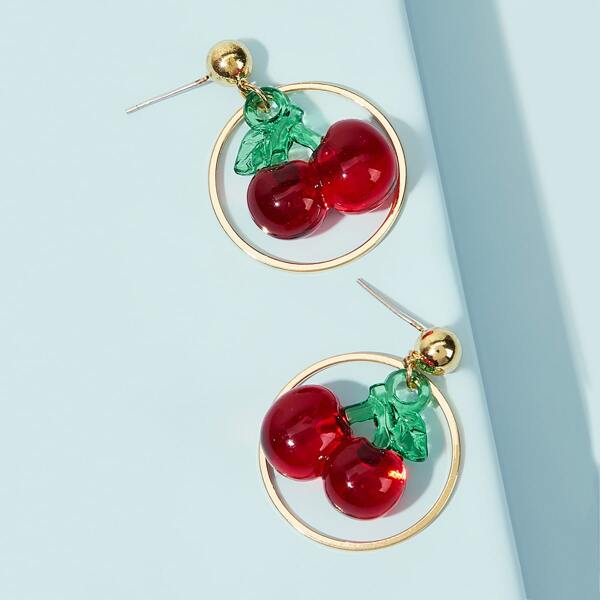 

1pair Cherry Decor Hoop Drop Earrings, Multicolor