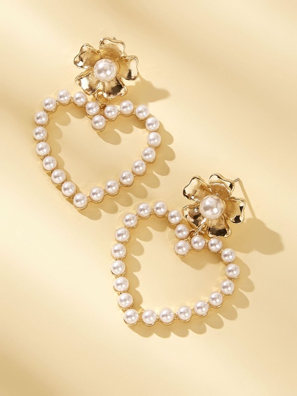 

1pair Faux Pearl Decor Heart Drop Earrings, White